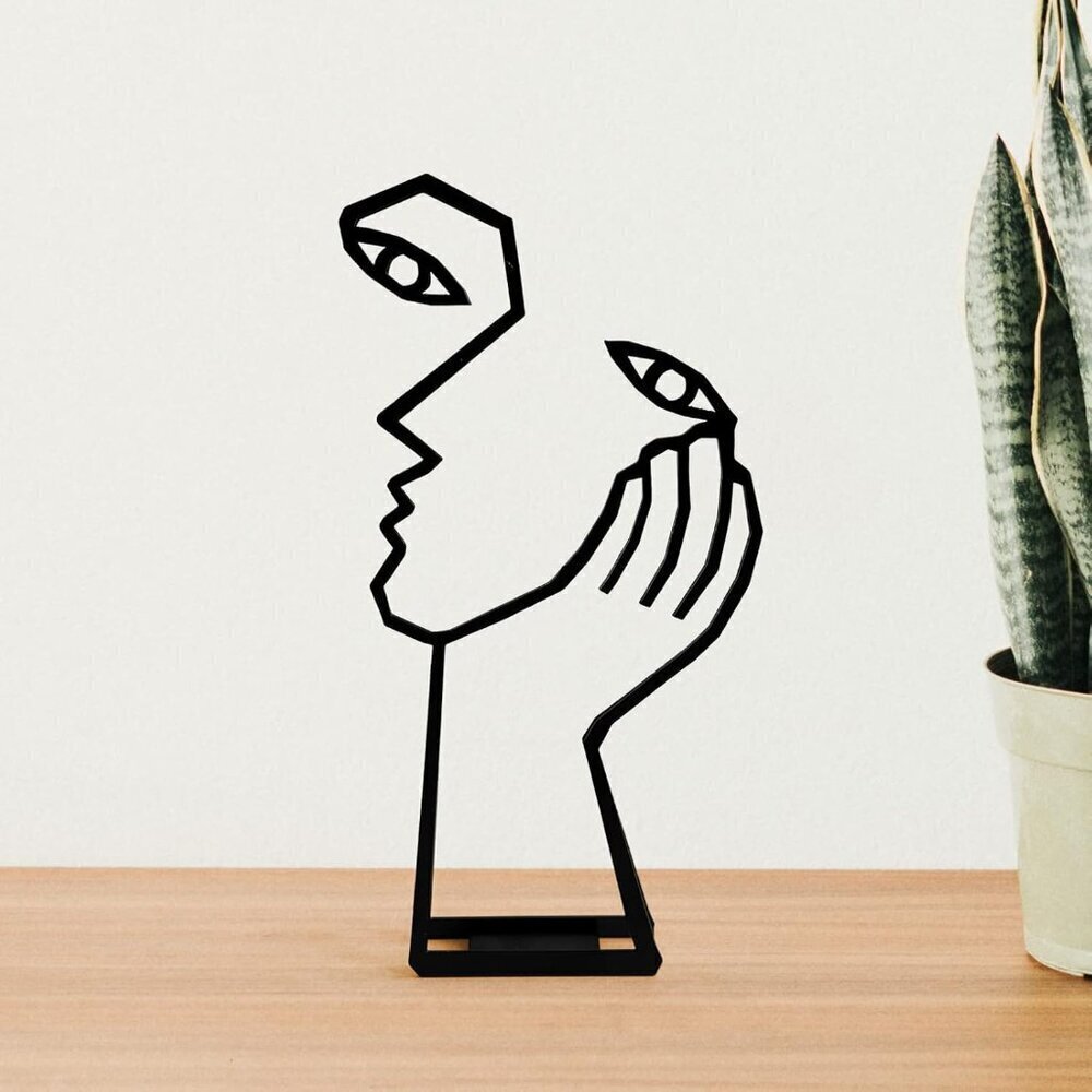 Thinker Statue Face and Hand Metal Meditation Black Modern Office Desk Decor